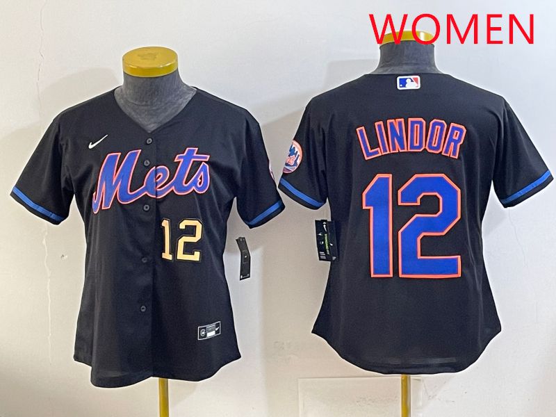 Women 2025 New York Mets #12 Lindor Black Game Nike MLB Jersey style 7